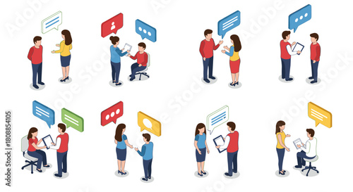 Isometric office conversations: teams collaborating and communicating in modern workspaces