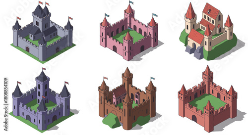 Medieval castles collection in isometric art style with turrets and flags