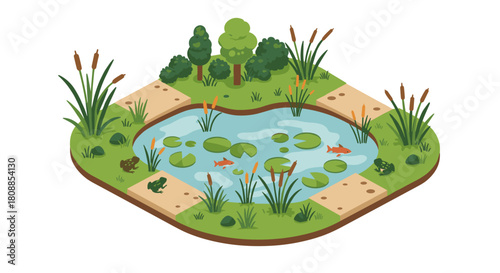 Serene garden with pond and lilypads in isometric style