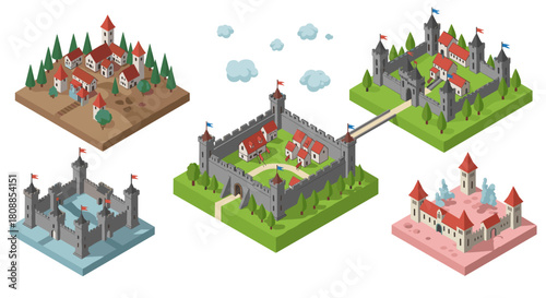 Isometric medieval castles: array of charming fortresses in various settings