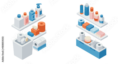 Isometric bathroom organization with toiletries and accessories in soft pastel tones