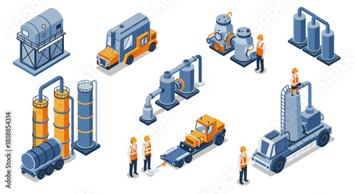 Industrial equipment and workers in isometric style