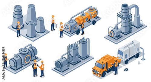 Industrial isometric illustrations featuring workers and machinery in detailed factory settings