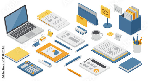 Isometric office desk supplies set with laptop, documents, and stationery