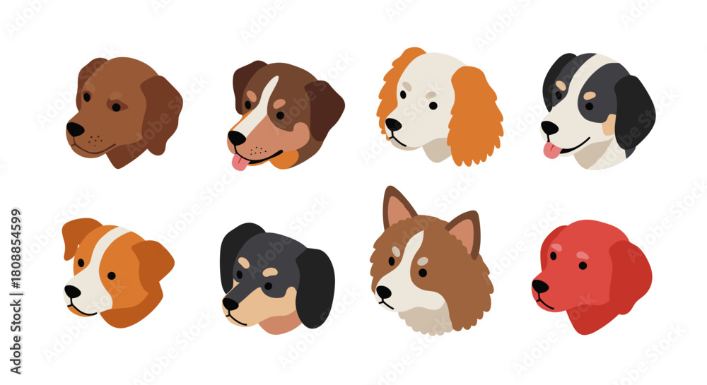 Obraz premium Set of eight cute dog faces in cartoon style