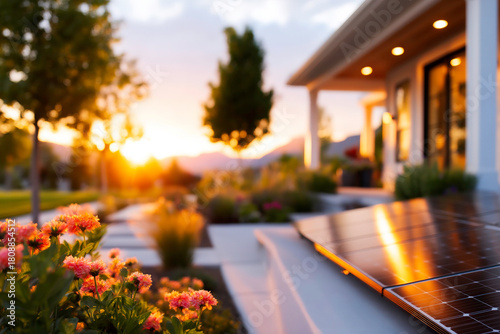 Ultra realistic Modern Solar Panels Installed on a Boise Idaho Home in golden hour light