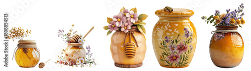 Beautiful Glass Jars of Honey with Flowers and Natural Elements, Isolated on Transparent Background