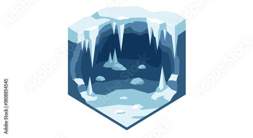 Geometric ice cave with icicles and rocks in cool tones design