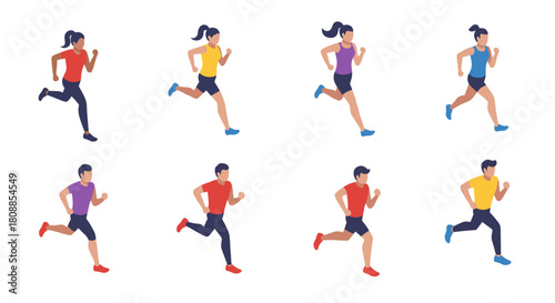 Diverse runners in dynamic motion with flat design characters