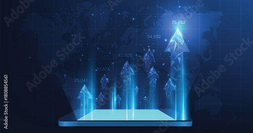 Concept of growth business on futuristic digital.growing arrow icon from triangle line particle design low poly. goals to be successful.