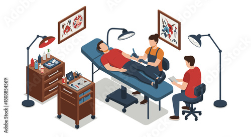 Isometric tattoo studio scene with artists in action and client on table
