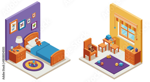 Cozy children's bedroom and playroom in isometric style with furniture and toys