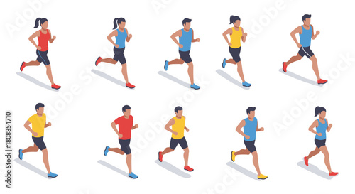 Dynamic isometric runners in motion highlight active lifestyles and diverse attire