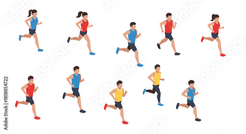 Isometric runners in colorful athletic outfits on white background
