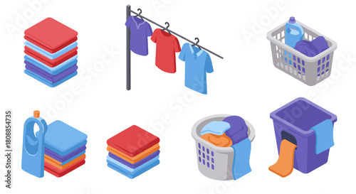 Isometric laundry essentials: clothes, detergent, drying rack, and baskets