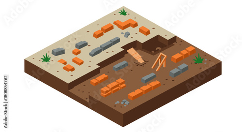 Isometric archaeological excavation site with bricks and ladder