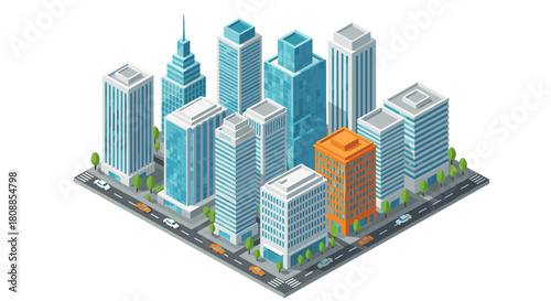 Modern isometric cityscape with skyscrapers and urban streets