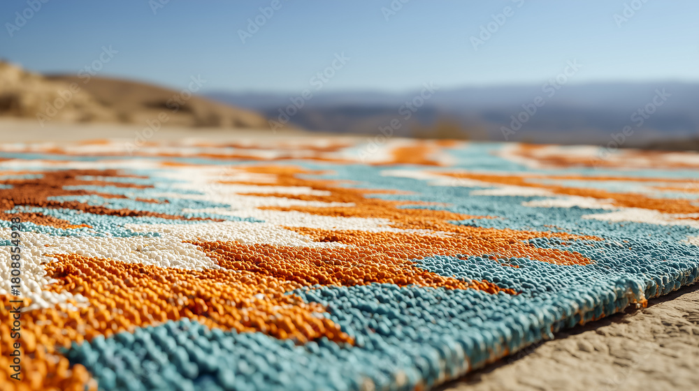 Fototapeta premium Vibrant Outdoor Rug with Geometric Design, Desert Backdrop and sunny aesthetic