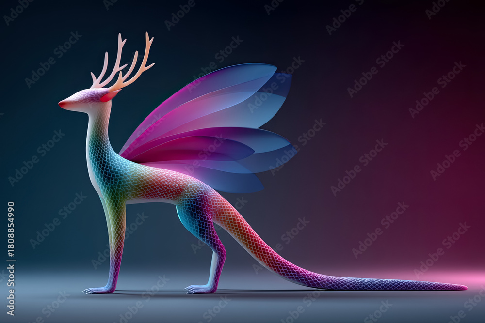 Obraz premium Fantastical fox dragon illustration with vibrant colors and intricate details, showcasing a unique alebrije-inspired creature in a magical setting