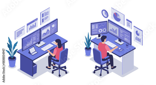 Collaborative office workspace with dual monitors and data analytics in isometric design