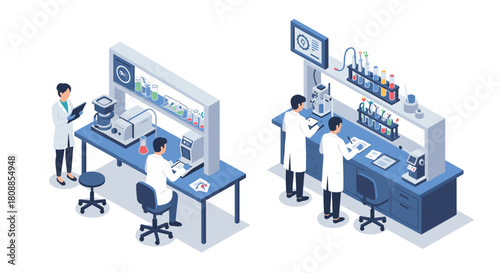 Isometric science laboratory with scientists conducting research