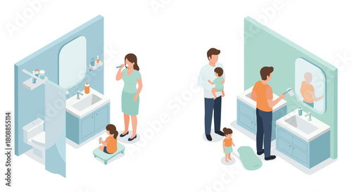 Family morning routine in isometric bathroom with kids and parents