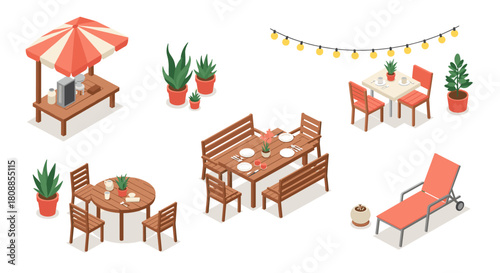 Cozy outdoor cafe setup with isometric garden furniture for relaxing atmosphere