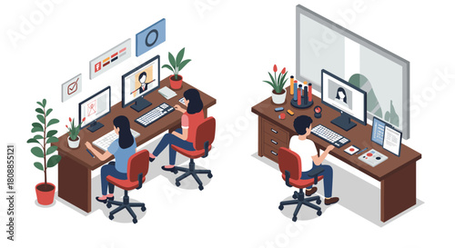 Collaborative work environment with remote meeting and digital tools in modern office