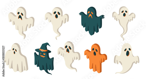 Colorful cartoon ghost icons set for halloween design projects