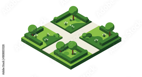 Isometric garden design with trees and pathways