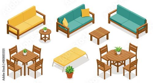 Isometric modern outdoor furniture set with tables, chairs, sofas, and plants