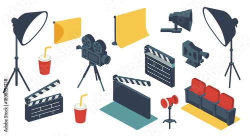 Isometric cinema elements: lights, camera, action for film set design