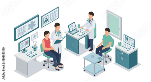 Modern isometric medical office scene with doctors and patients in consultation