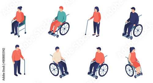 Diverse people with disabilities: modern isometric design, wheelchair and walking aid users