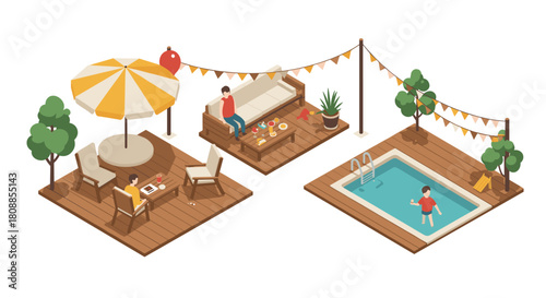 Charming outdoor summer oasis with pool and cozy seating in isometric design