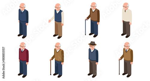 Isometric elderly men in various outfits and poses on a white background