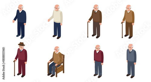 Elderly characters set in isometric style with diverse outfits and poses