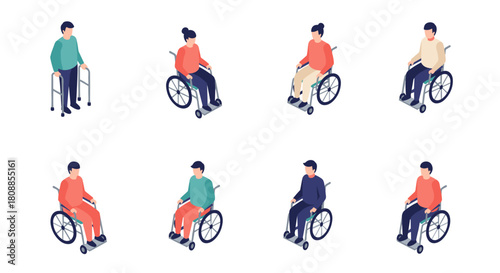 Isometric people using mobility aids and wheelchairs on white background