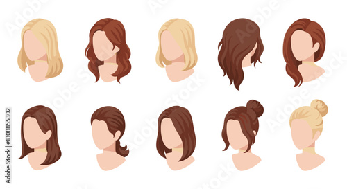 Collection of stylish female haircuts and hairstyles in flat design