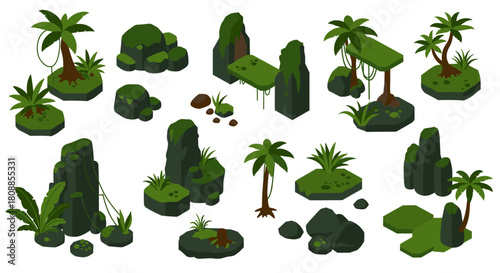 Isometric jungle elements set with rocks and palm trees for game design