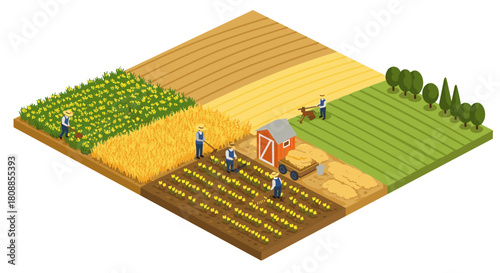 Isometric farm landscape with farmers working on crops and fields