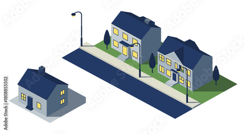 Isometric urban neighborhood with houses and street lamps at night