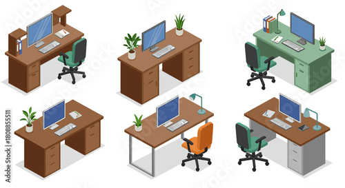 Isometric office desk arrangements with plants and computers for modern workspace inspiration