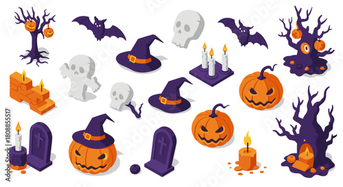 Spooky halloween set with isometric pumpkins and ghostly elements