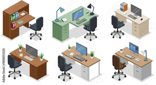 Isometric office desk setups with computers and chairs