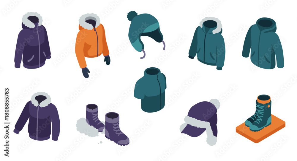 Fototapeta premium Winter clothing collection with isometric jackets, boots, and hats for cold weather trends