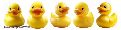 Bright Yellow Rubber Duckies in a Row for Playful Water Activities, Isolated on Transparent, white background