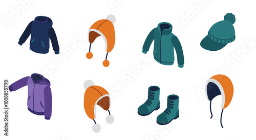 Isometric winter clothing set: hats, hoodies, jackets, and boots for cold weather