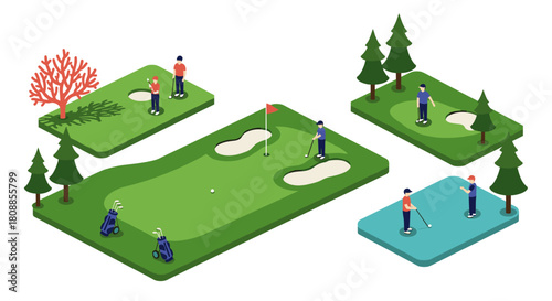 Isometric golf course with players and greenery