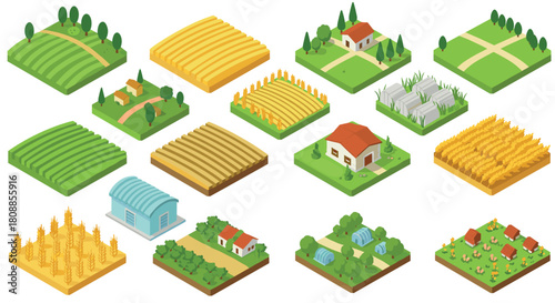 Isometric farm landscape elements with fields and buildings